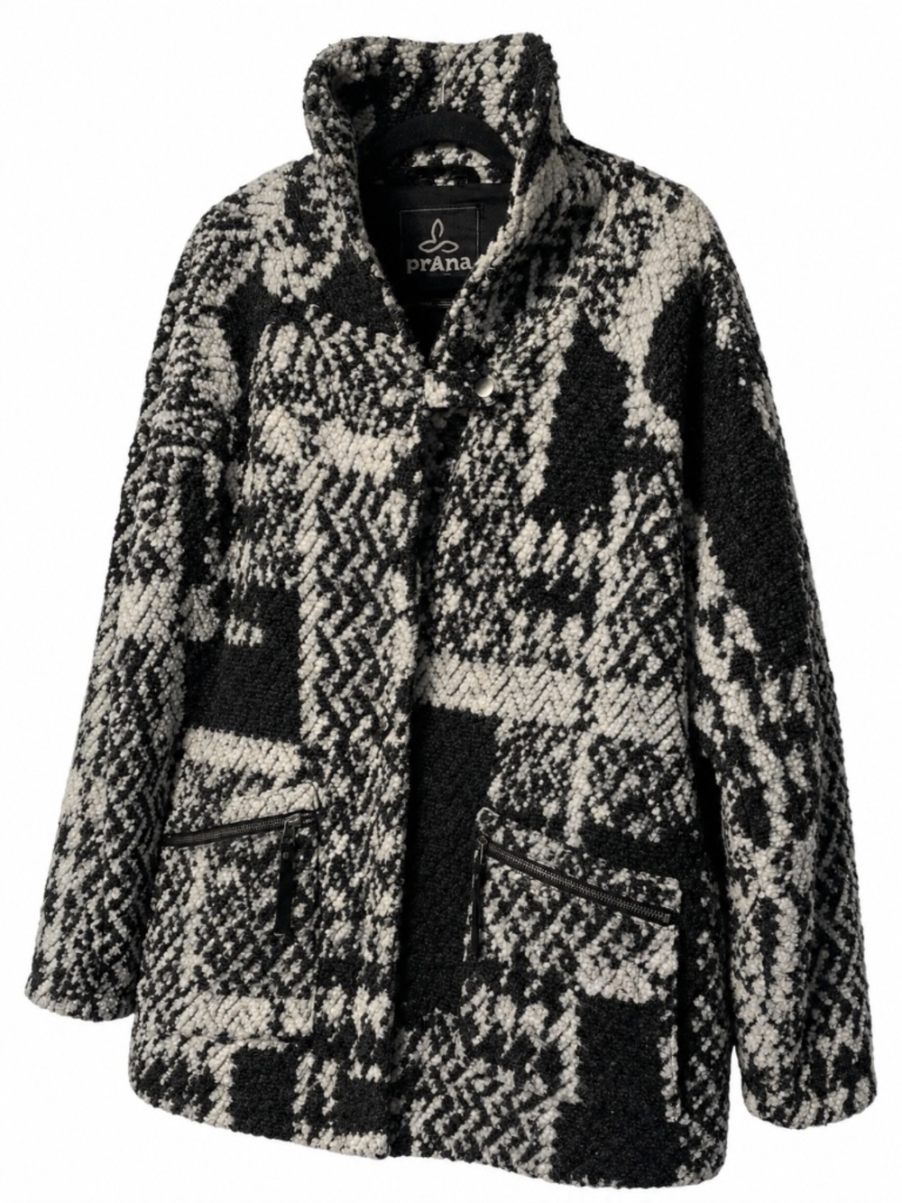 Prana Sakari Wool Blend Textured Oversized Jacket Black White Coat Large